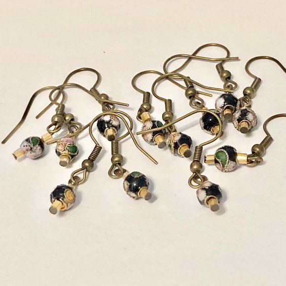 Vintage Cloisonne Bead Earrings Round Black Gold Tone Bronze Plated Dainty - Picture 7 of 13
